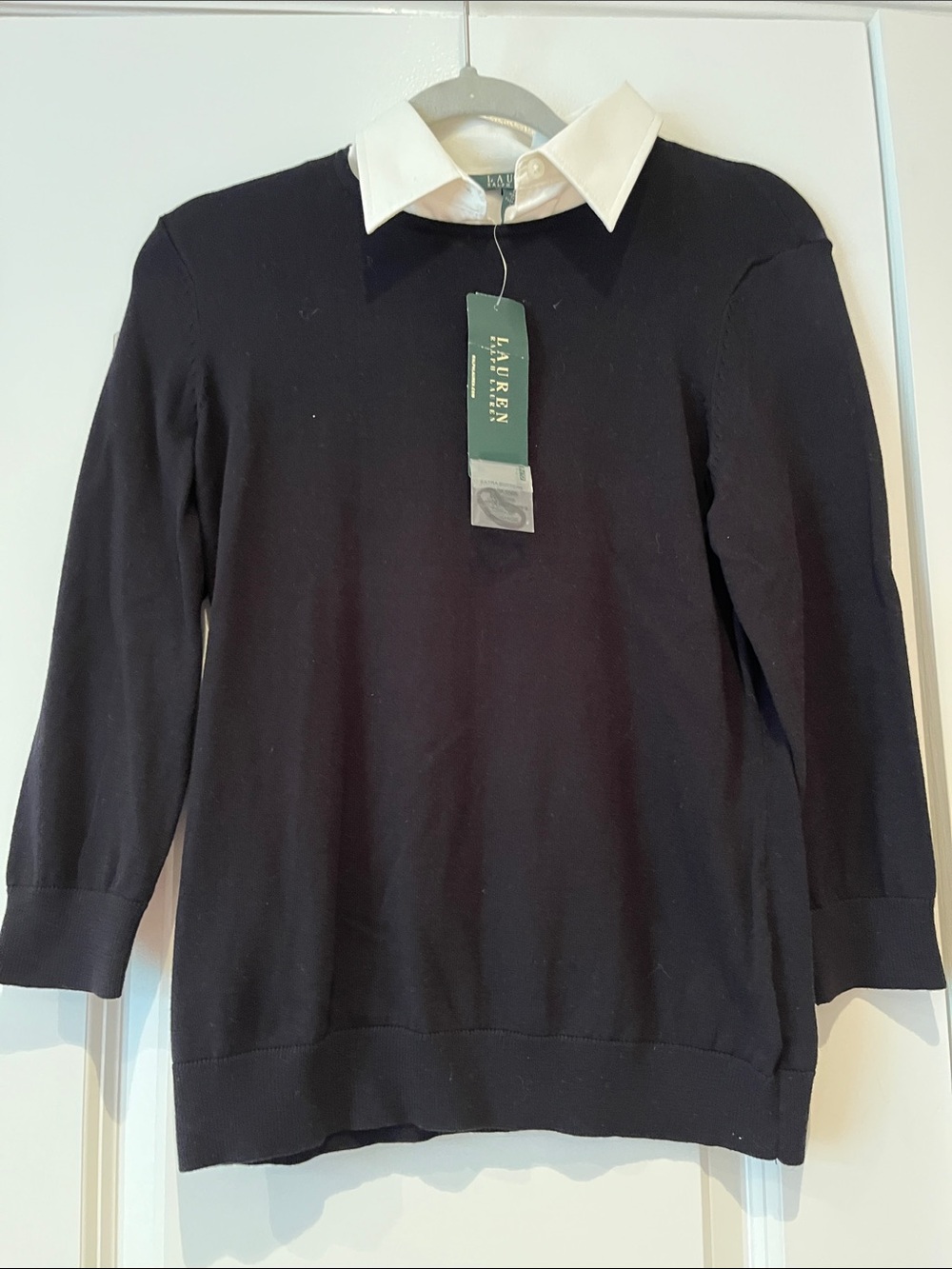 NWT Lauren Ralph Lauren Black Crewneck Sweater with Removable White Collar